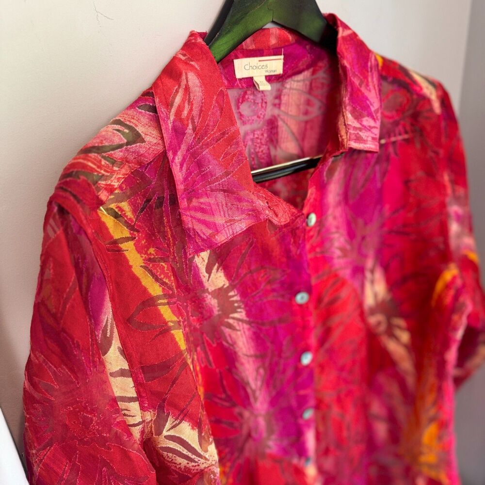 Choices Woman Blouse Women's 2X Red Pink Orange Sheer Resort Button Shirt - Picture 2 of 8